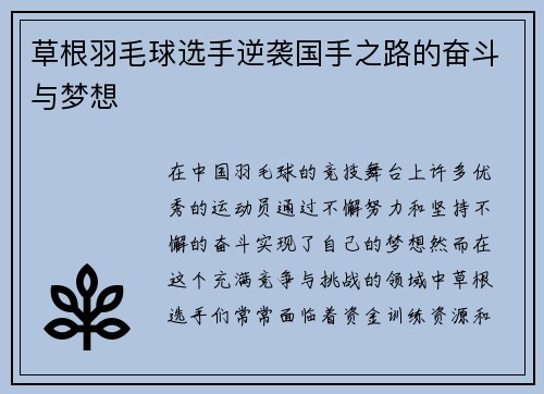 草根羽毛球选手逆袭国手之路的奋斗与梦想